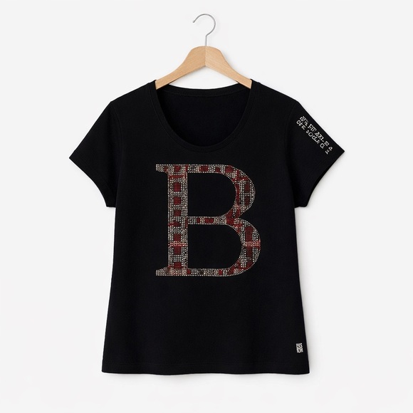 Burberry Black Tee with the tartan Patterned B embellishment with rhinestones M - Picture 3 of 9